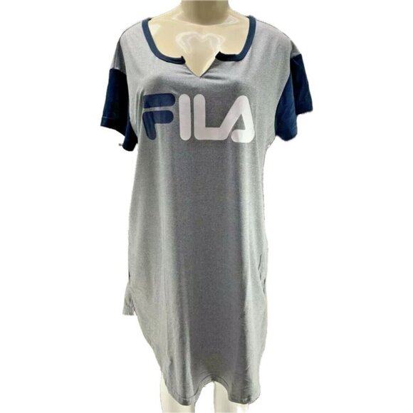 Fila L Gray Heather-Navy Logo Split Neckline Curved Hem Short Sleeve Sleep Tee - Picture 2 of 6